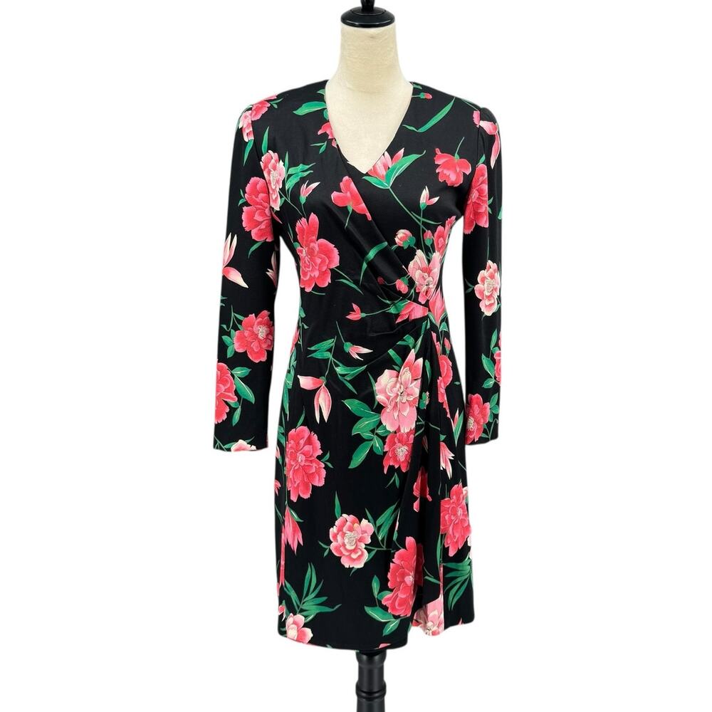 Vintage Wayne Kasting for Helga Black & Pink Floral Long Sleeve Faux Wrap Dress